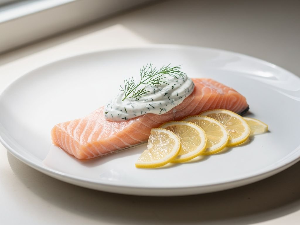 Poached Salmon with Dill Yogurt Sauce