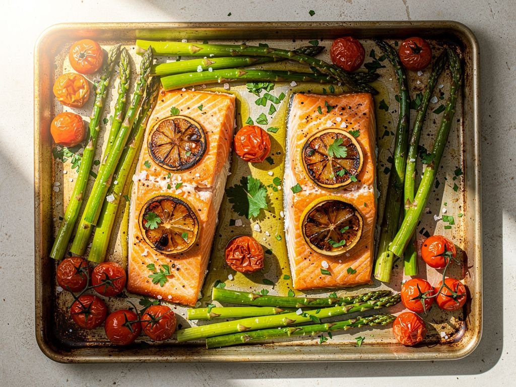 Sheet-Pan Salmon with Asparagus and Cherry Tomatoes