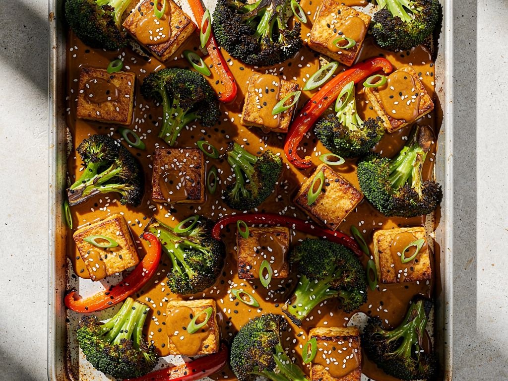 Sheet-Pan Tofu and Broccoli with Peanut Sauce